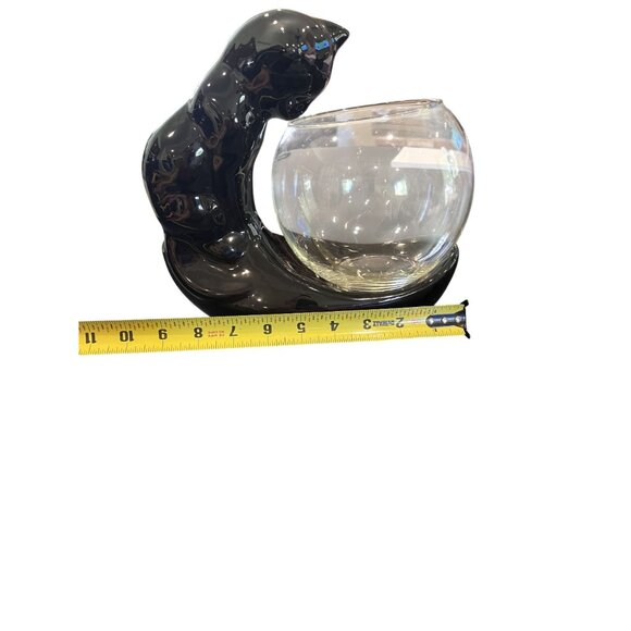Vintage Haeger Pottery Black Cat Sculpture With Fish Bowl Planter 8" - Picture 8 of 10